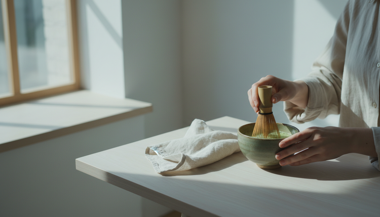Hände schlagen Matcha mit dem Bambusbesen auf
