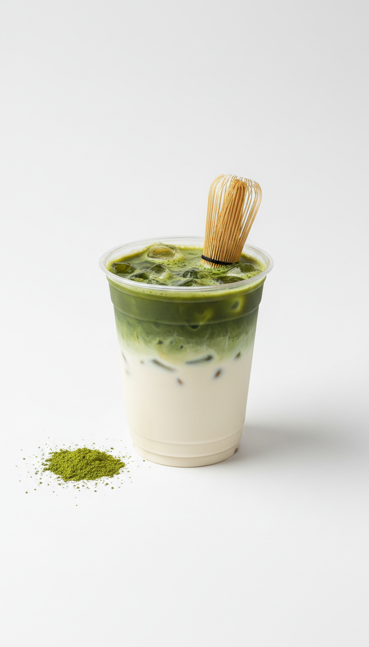 Iced Matcha Latte mit Bambusbesen
