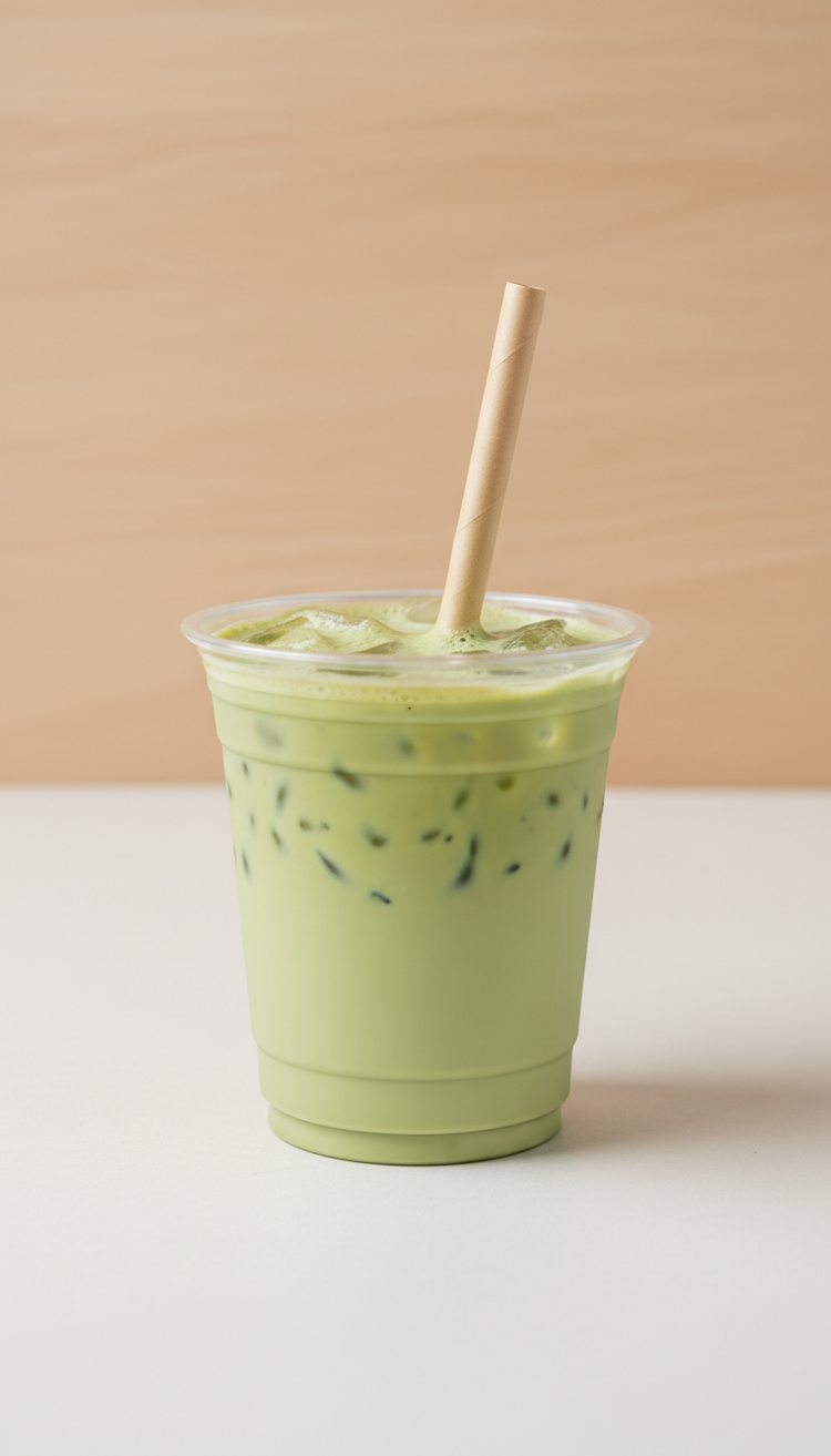 Iced Matcha Latte im Becher mit Strohhalm