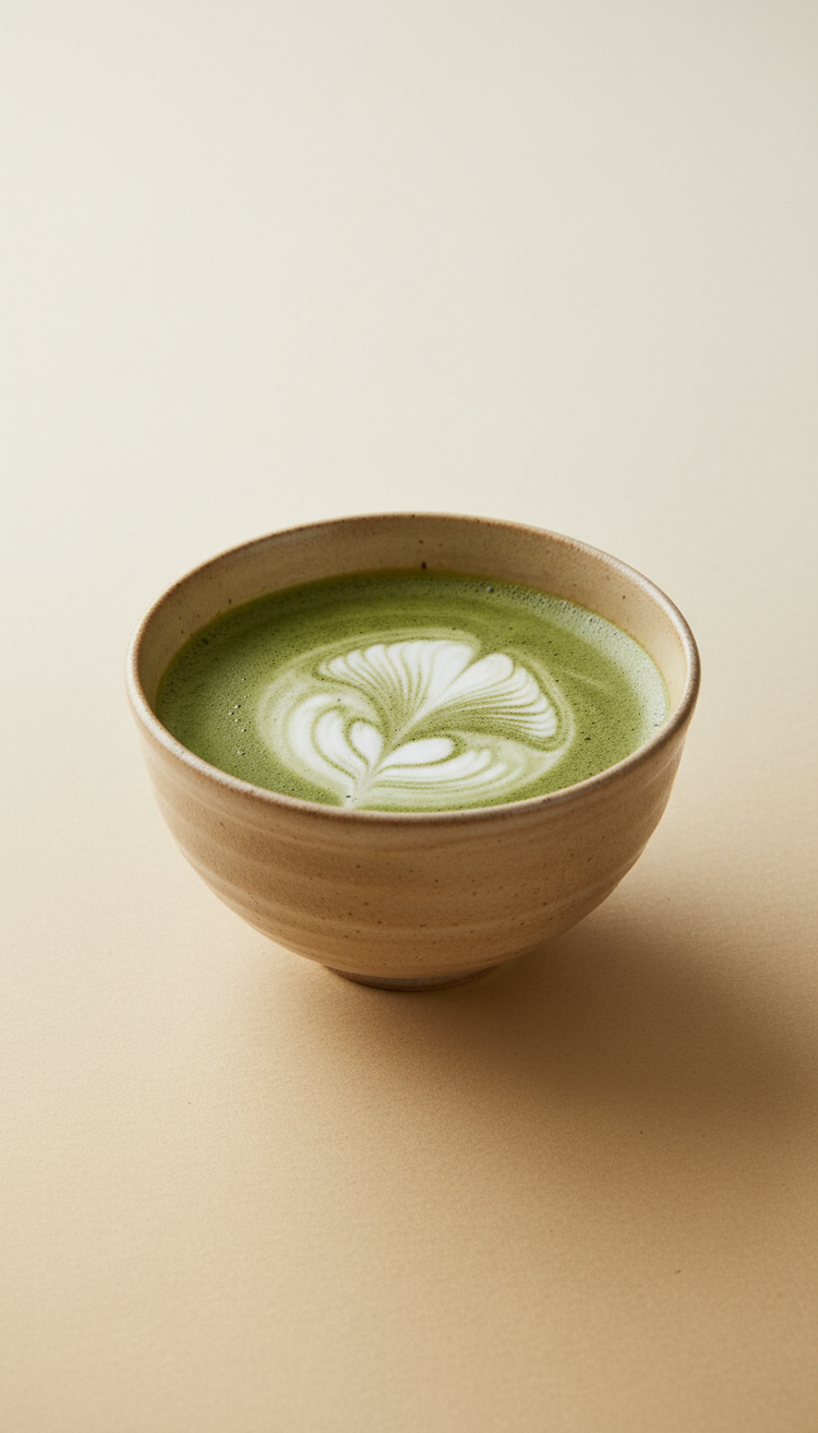 Matcha Latte mit Latte Art in einer Keramikschale