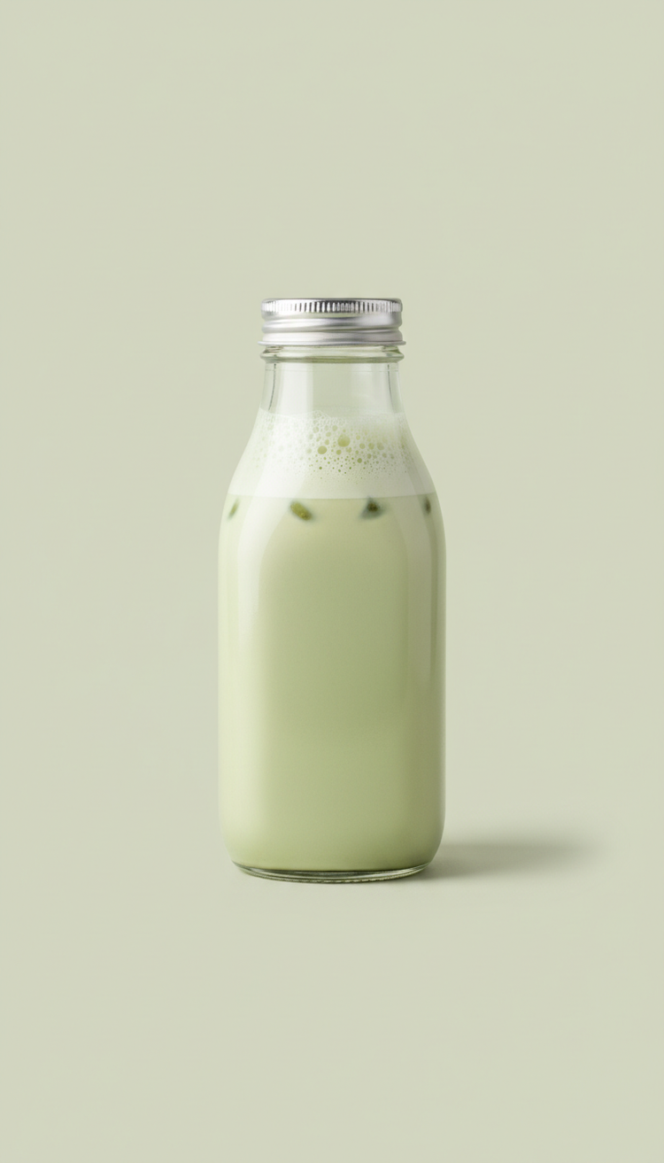Matcha Latte in der Glasflasche