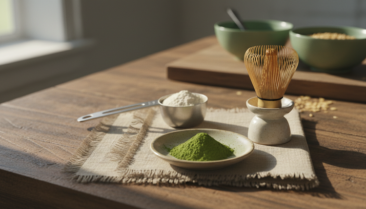 Matcha-Pulver und Bambusbesen auf dem Tisch
