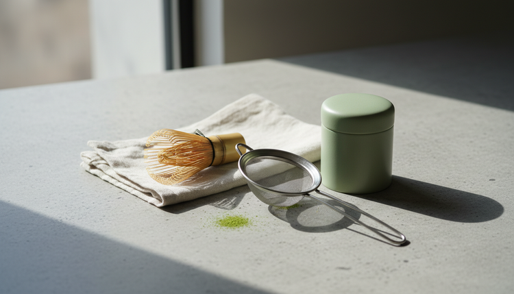 Bambusbesen, Sieb und Matcha-Dose auf einem Tisch im Sonnenlicht