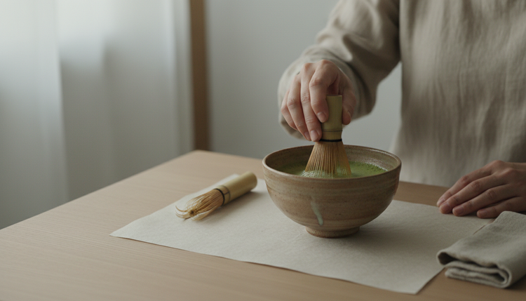 Matcha wird mit dem Bambusbesen aufgeschlagen